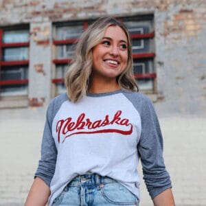 Little Mountain Print Shoppe Nebraska Script Raglan T-Shirt